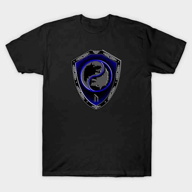 VIKING SHIELD 11 (Wolves with URUZ – Physical Strength, Speed, Untamed Potential) T-Shirt by GardenOfNightmares